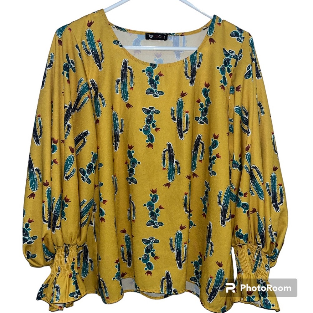 Vision USA Yellow Cactus Print Pullover Smocked Balloon Sleeve Top size Large